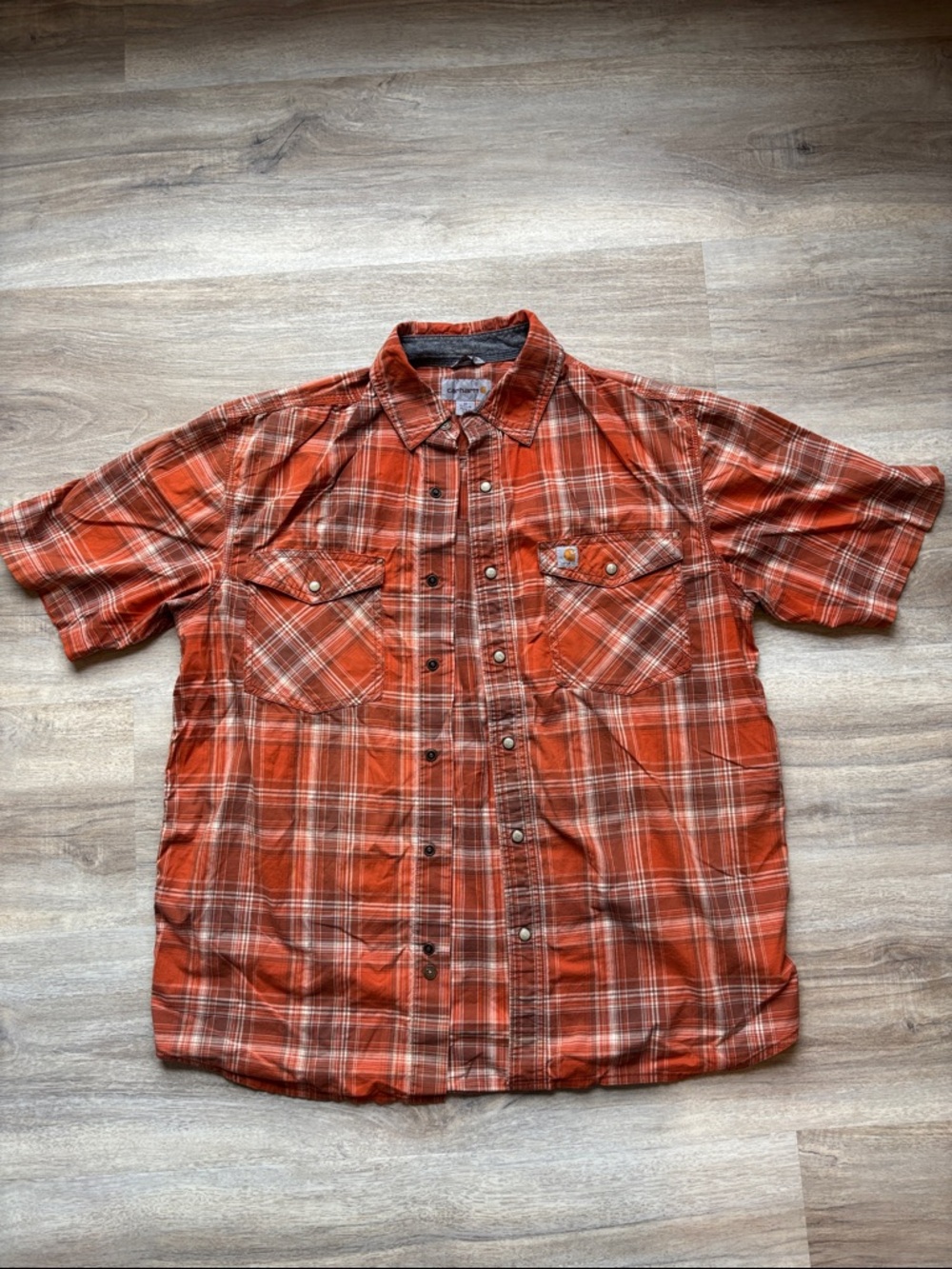 Carhartt Med Men's Orange Plaid Regular Fit Short-Sleeve Snap Button-Down Shirt